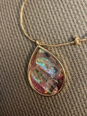 Handmade Teardrop Pendant w/Quartz Crystals & flashes of color from foil back.